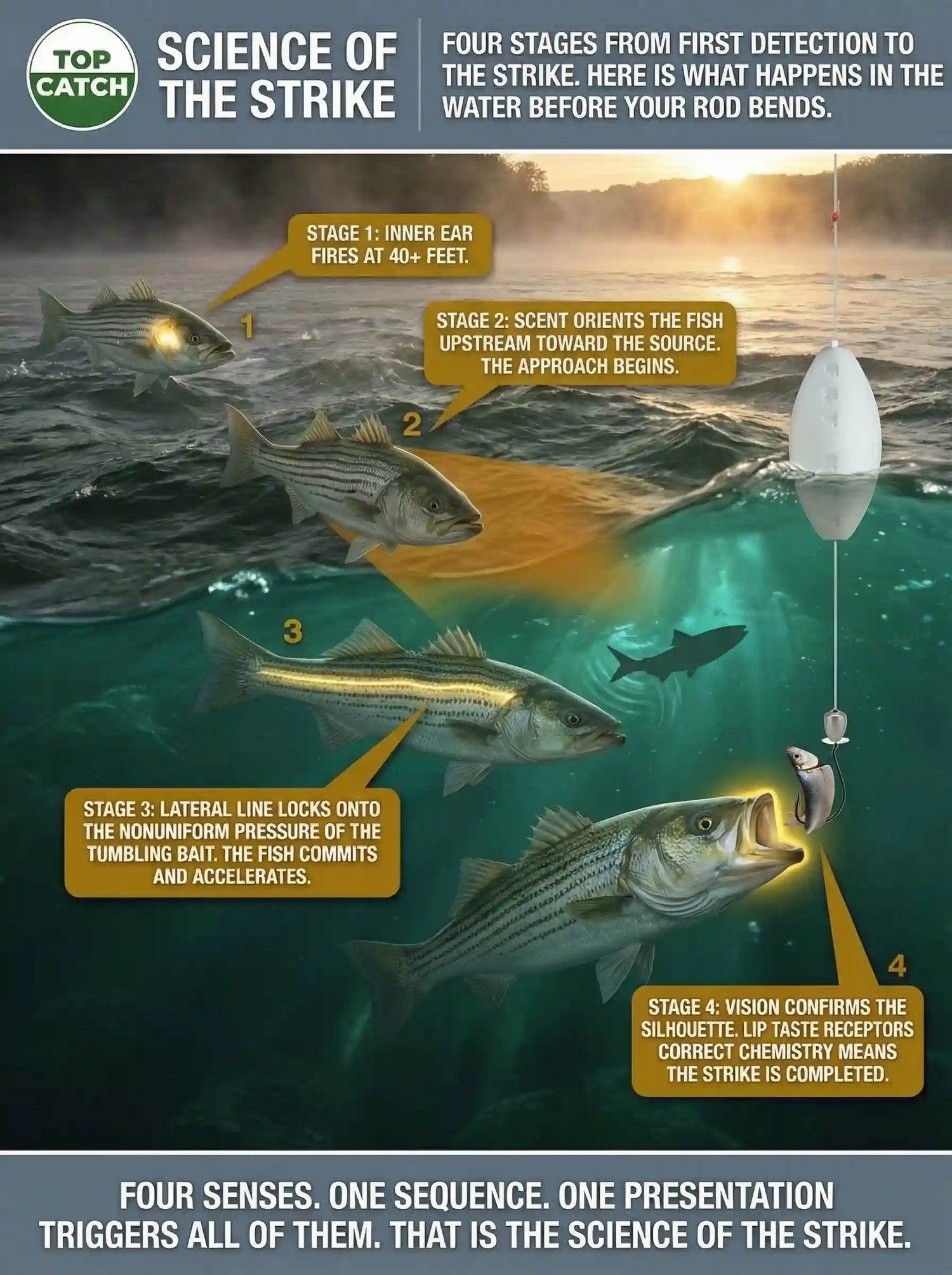 Science of the Strike infographic showing the complete four-stage striped bass strike sequence — inner ear far-field detection, scent cone orientation, lateral line final approach, and lip taste receptor confirmation — from first alert to hook set on a drift rig in tidal river current.
