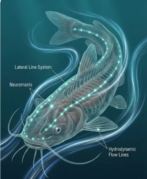 Diagram showing how catfish biology uses lateral lines to detect vibrations