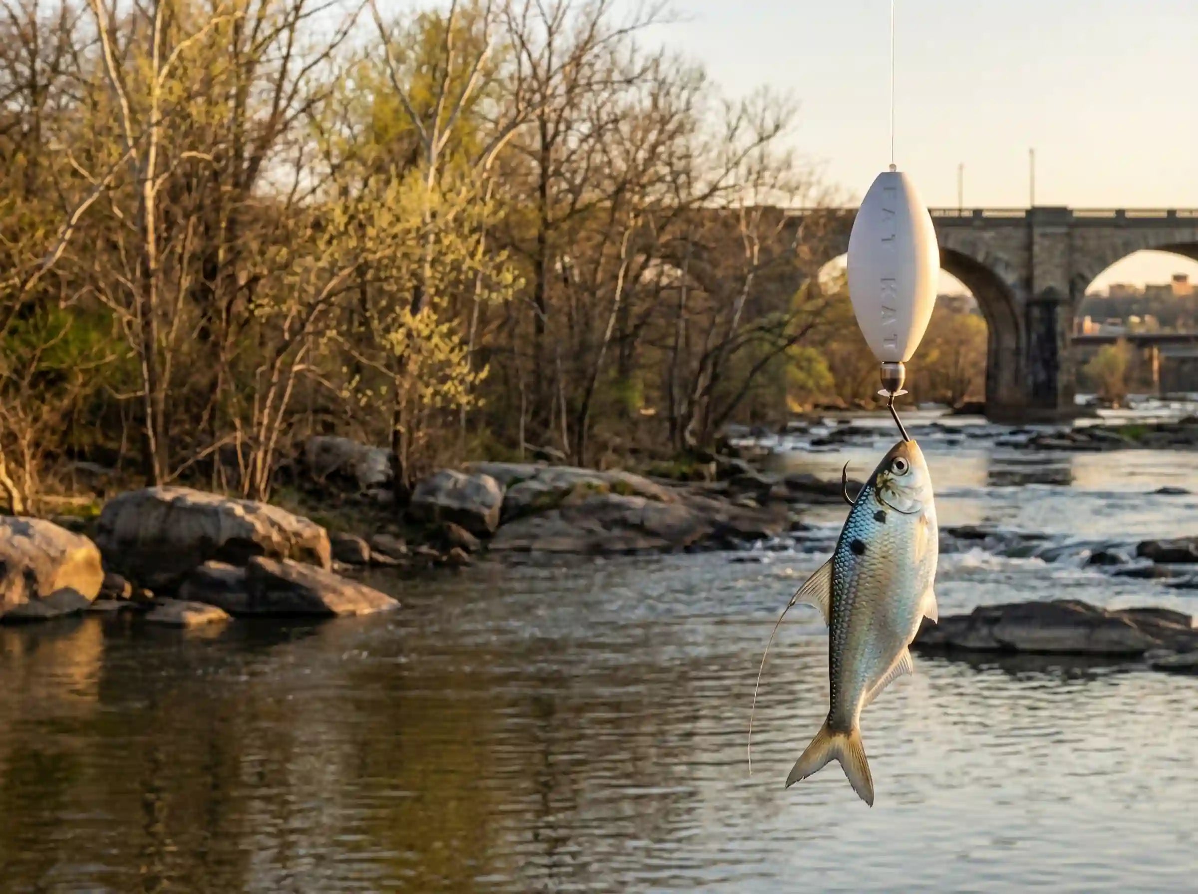 A FATKAT RIG with eco friendly FATKAT Bobber, lead free sinker and Circle Hook ready to cast for Striped Bass with a gizzard shad on the hook