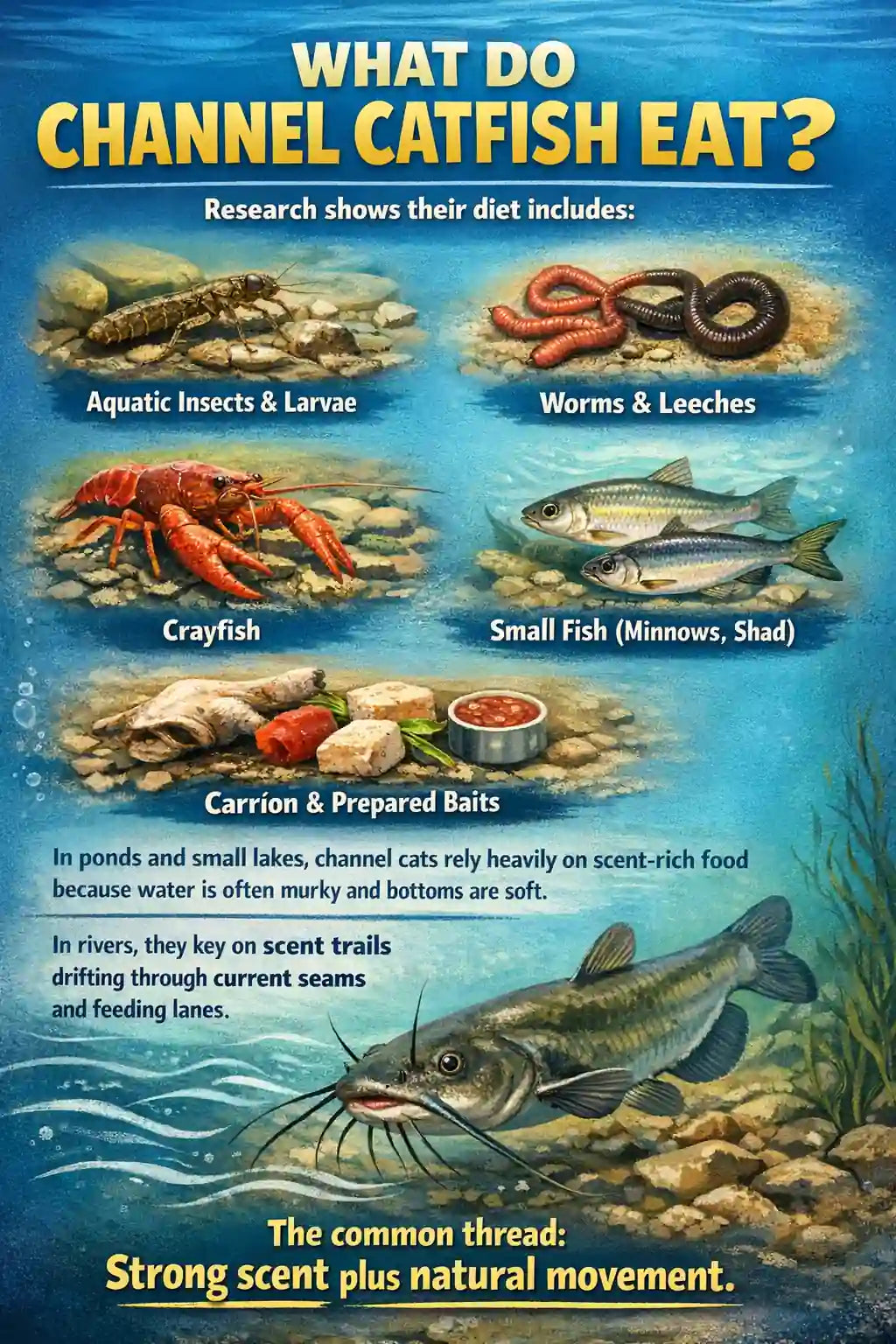 Channel catfish have a vast diet including insects, worms, small fish and crayfish