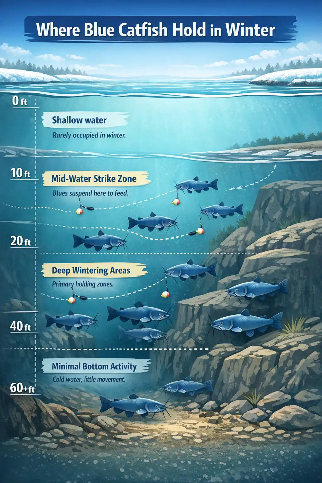 feeding depths for catfish vary based on water temperatures.  in the summer most catfish feed several inches to a few feet off the bottom.  During winter they seek deeper holes
