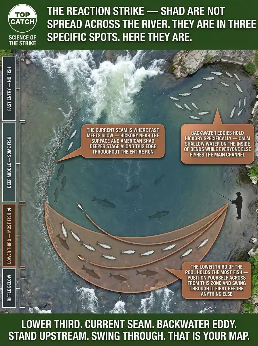 The Reaction Strike infographic showing where shad hold in a tidal river pool — aerial perspective highlighting the lower third of the pool as primary concentration zone, current seam along the pool edge for both species, and backwater eddy specifically for hickory shad near the surface, with angler position and tandem rig swing arc shown.