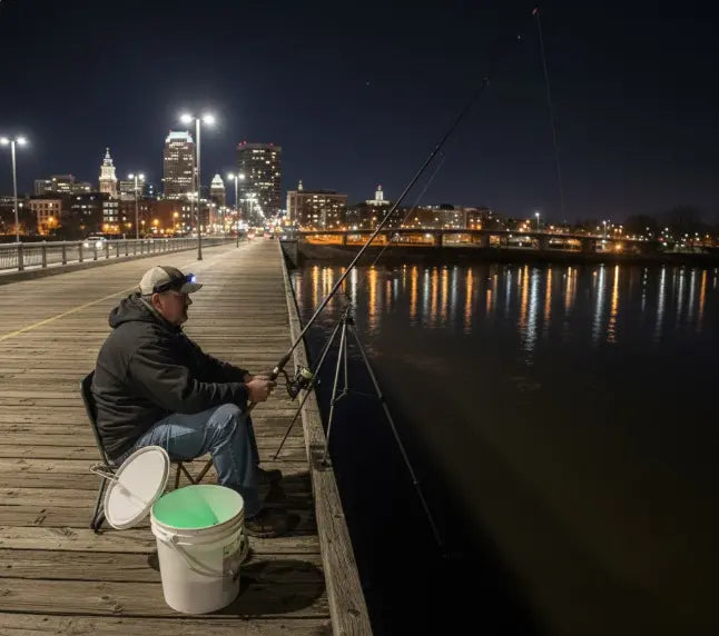 Angler night fishing with lantern light reflecting on the river surface.