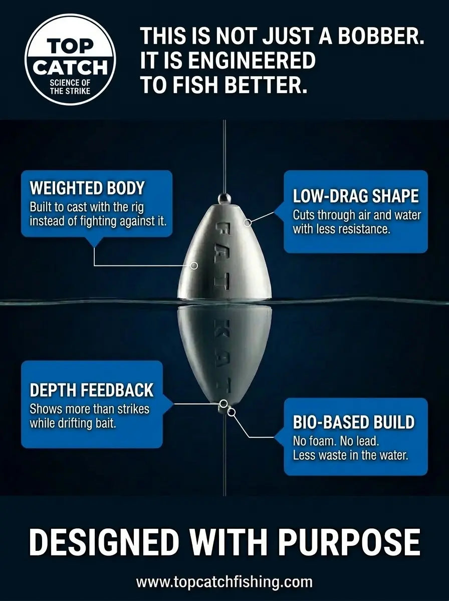 Weighted catfish float showing four engineering differences including casting, drag reduction, depth feedback, and bio-based construction.