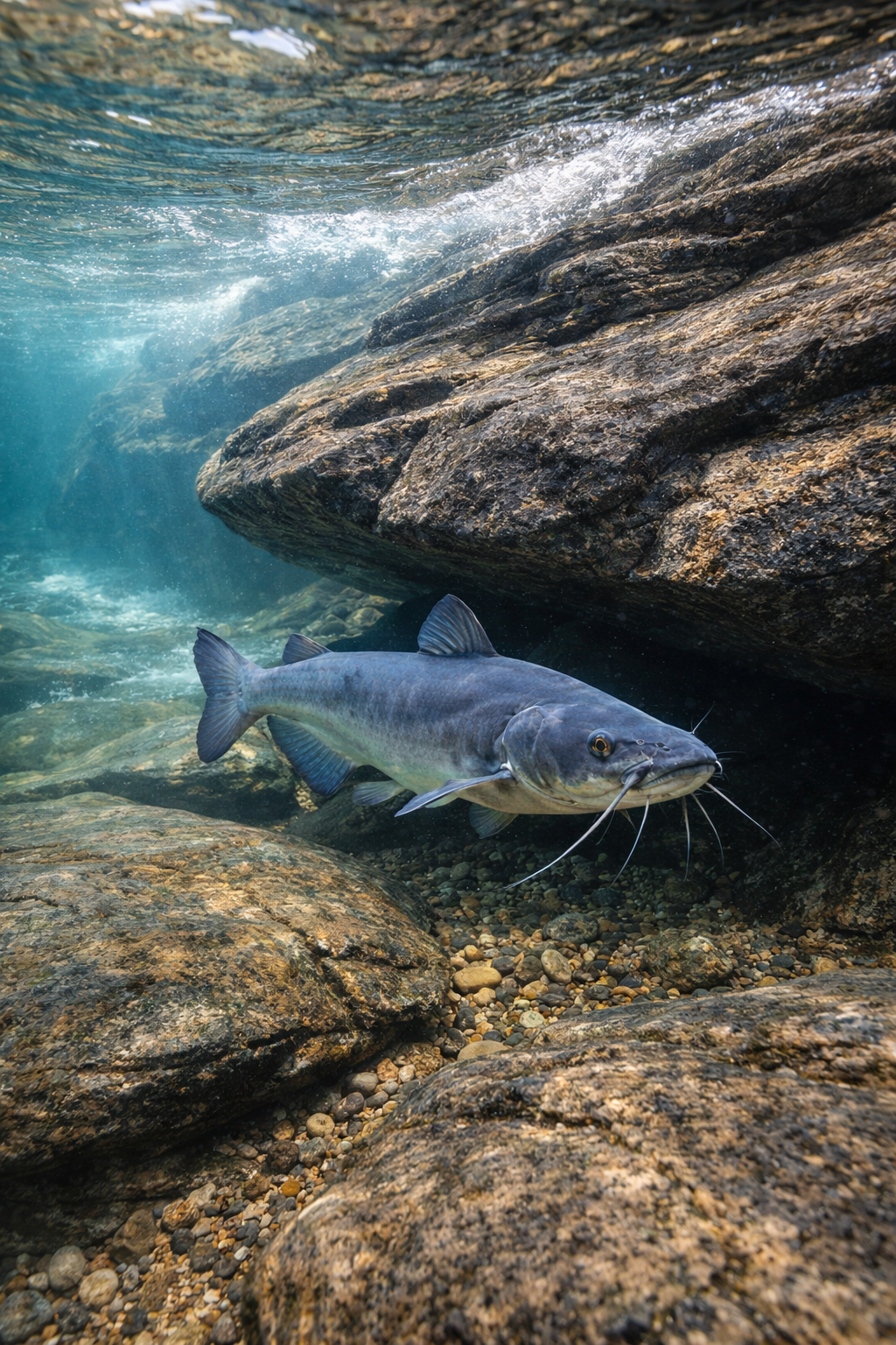 blue catfish remains under a rock ledge in cooler spring waters