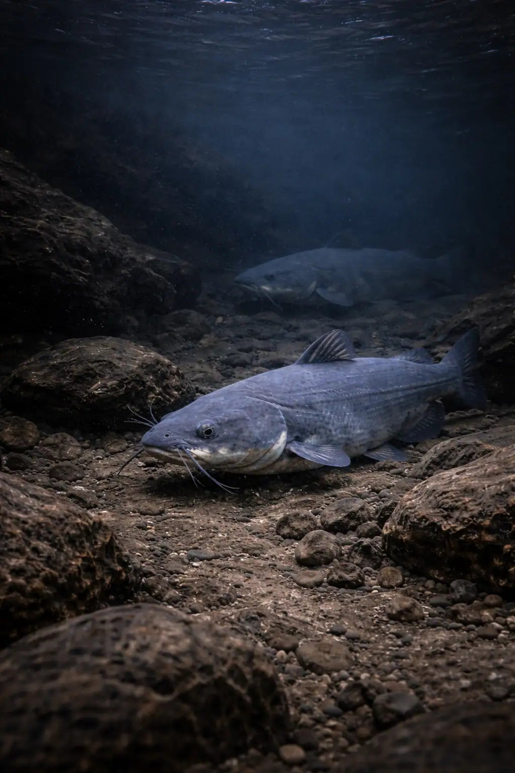 Winter catfish holding in a deep hole near structure conserving energy