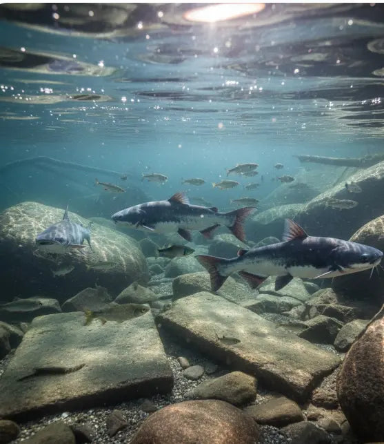 Blue catfish of different sizes feeding at varying heights above the river bottom, showing how size affects feeding behavior