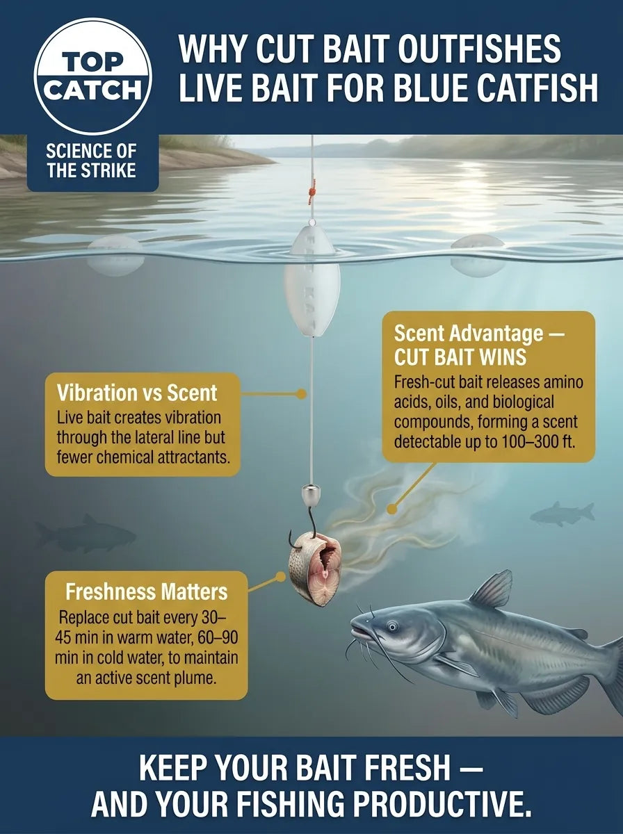 infographic showing that cut live bait provides a strategic advantage to anglers when fishing for blue catfish