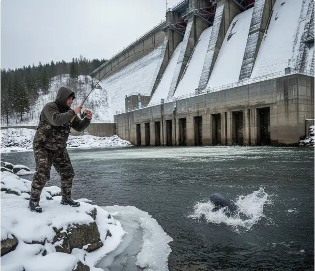 Angler holding a winter blue catfish caught from deep water.