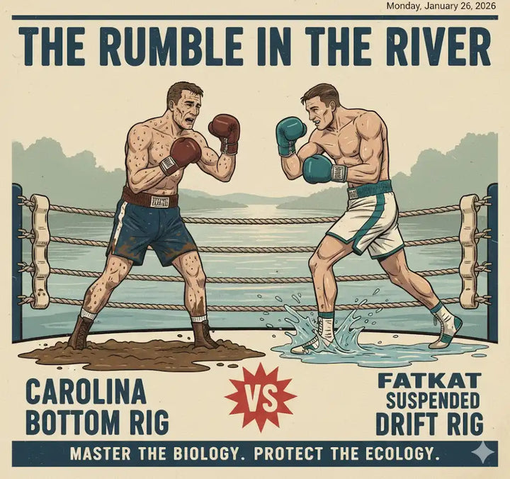Comparison poster of Carolina Bottom Rig vs FATKAT Suspended Drift Rig for high-current river fishing, featuring a vintage boxing theme to show snag resistance and superior bait presentation.