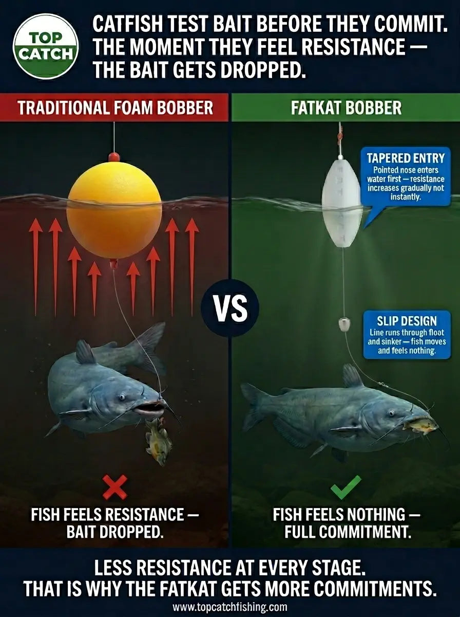 Catfish bait drop showing foam bobber resistance causing refusal versus FATKAT tapered entry and slip design eliminating resistance for full commitment.