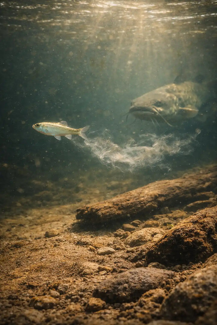 Underwater scene showing scent drifting through water as a catfish searches for food