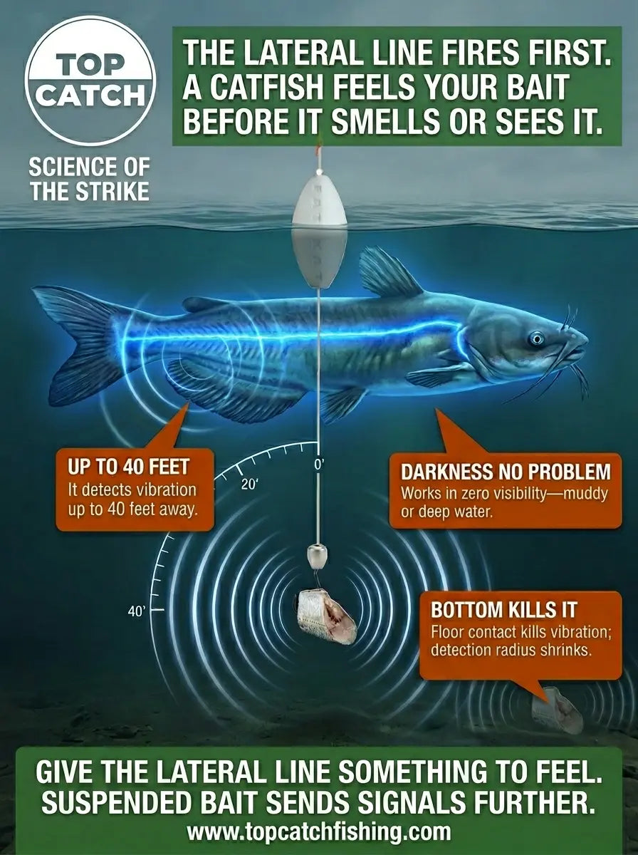 Catfish lateral line vibration detection showing 40 foot range firing before scent or sight in total darkness or muddy water.