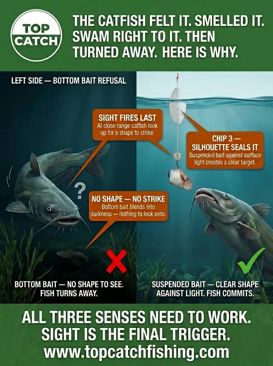 Catfish last second refusal showing no silhouette on bottom bait versus clear suspended bait silhouette triggering the final strike.
