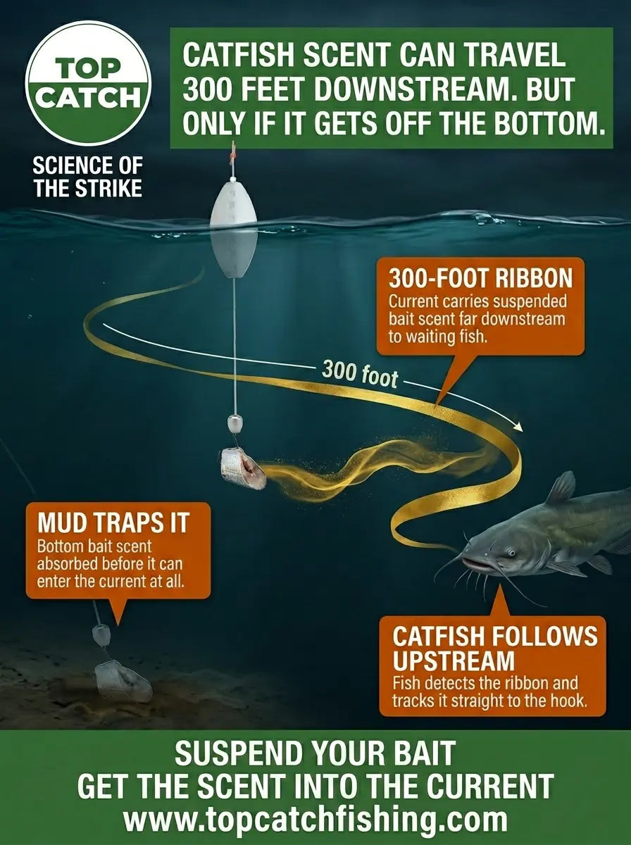 Catfish scent showing suspended bait creating 300 foot downstream ribbon versus mud trapped bottom bait scent producing no trail.