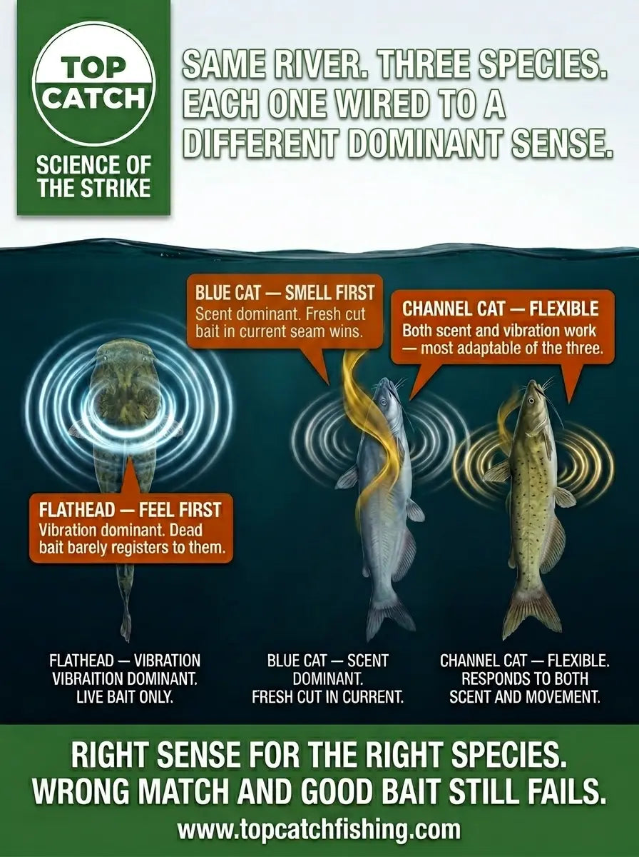 Catfish species dominant sense showing flathead vibration dominant blue catfish scent dominant and channel catfish flexible to both.