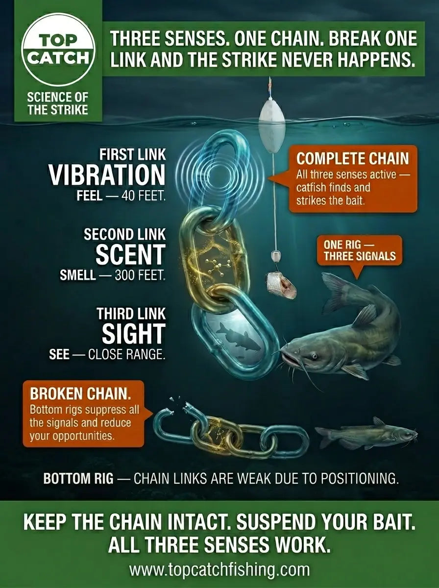Catfish detection chain showing vibration scent and sight links and how bottom rig breaks first link preventing the strike sequence
