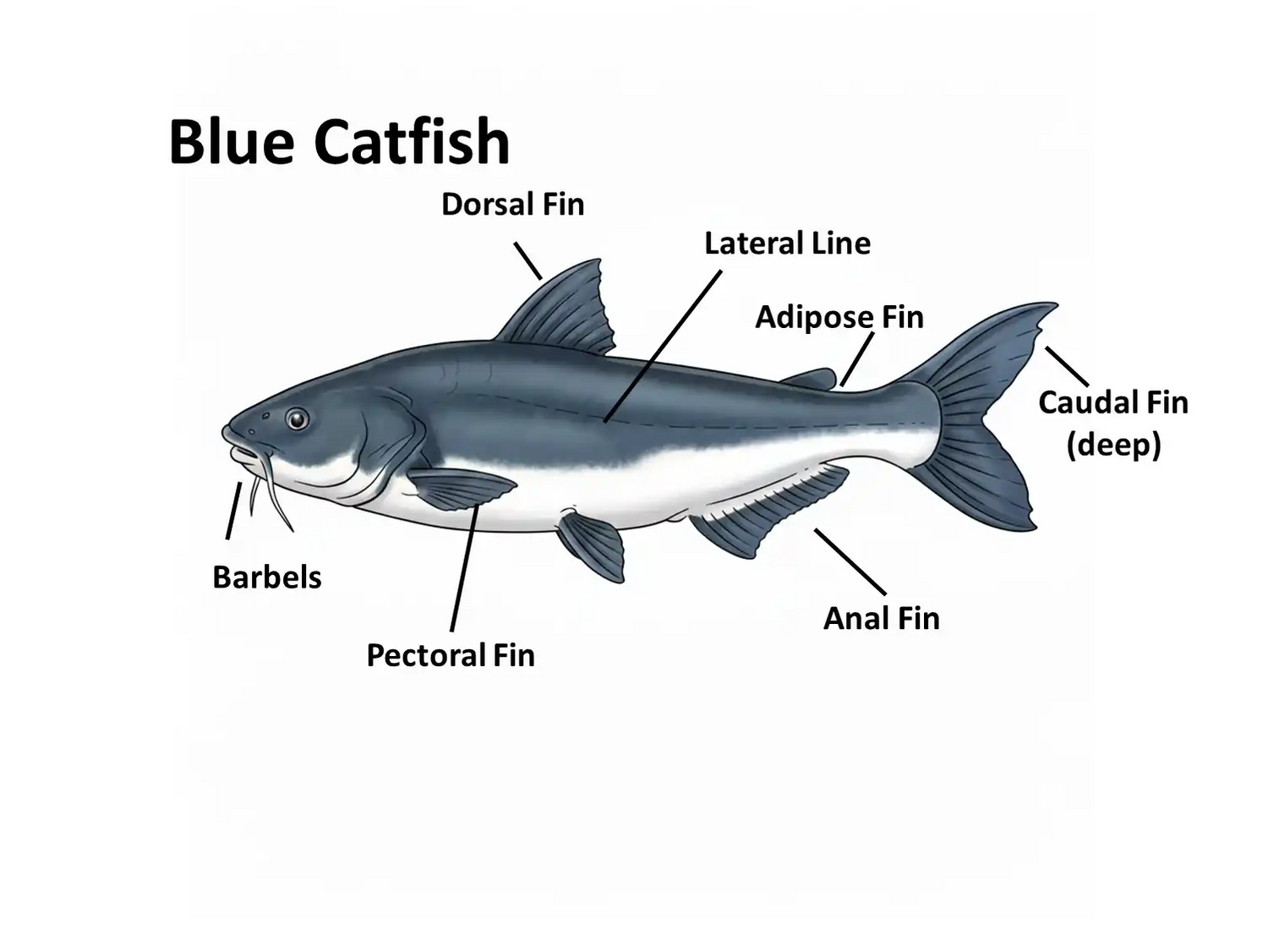 Blue catfish identification showing forked tail and straight anal fin.