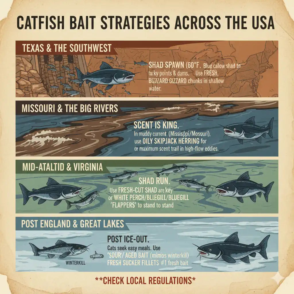 chart showing the right bait to meet match the hatch strategy during spring catfish season in hot spots across the US
