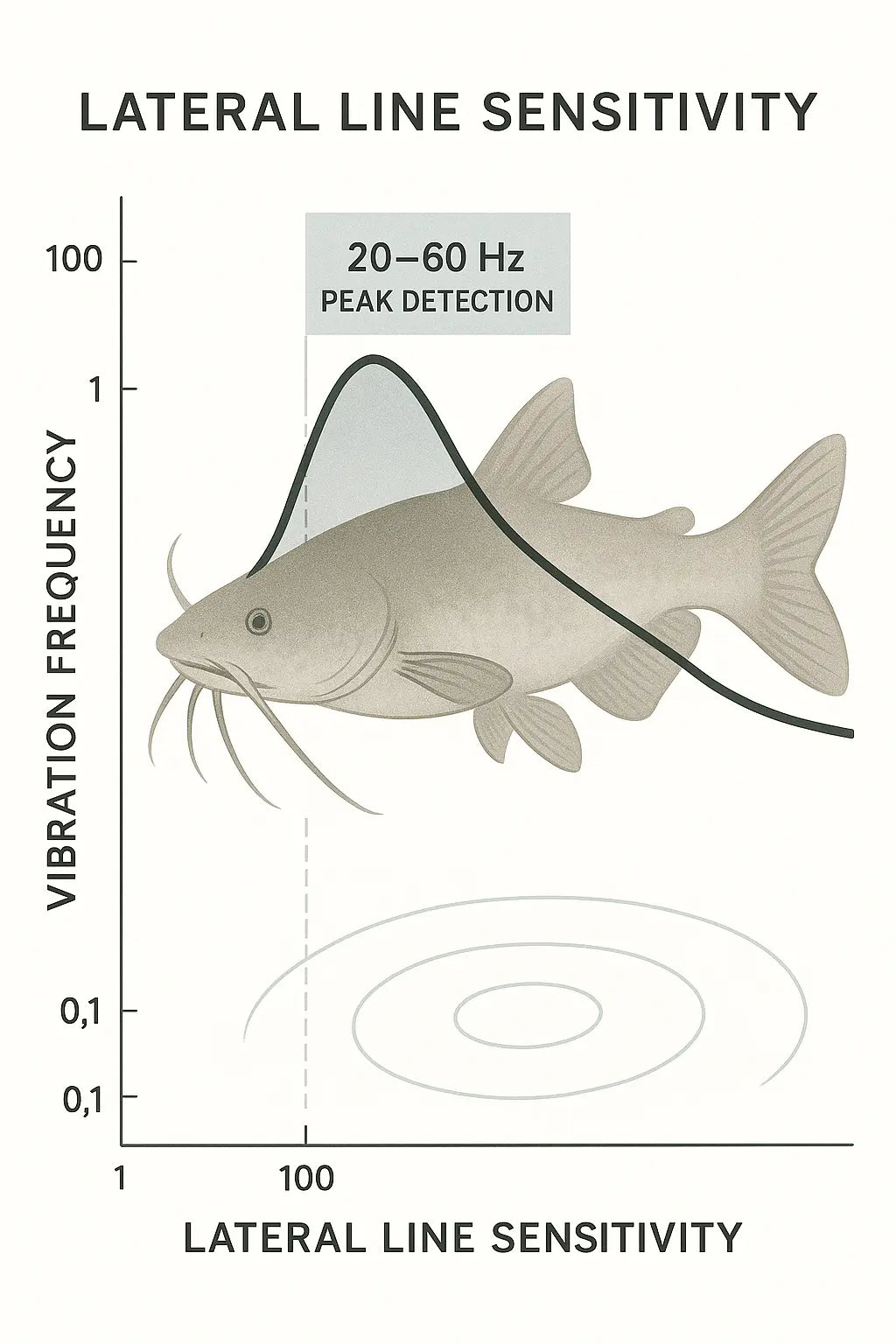 Graph-style illustration showing catfish lateral line sensitivity with peak detection in the 20–60 Hz range