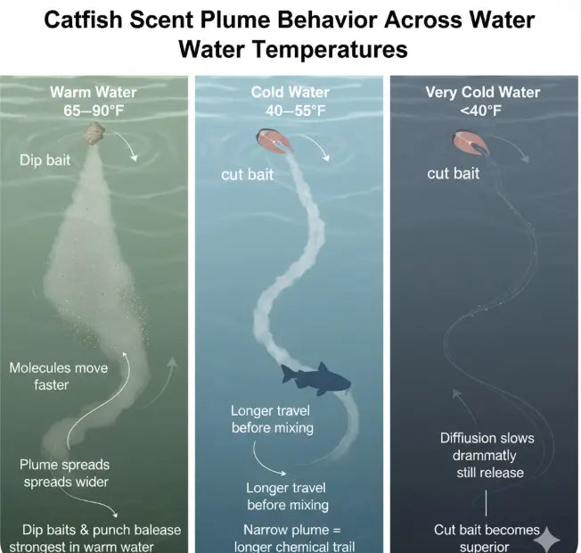 Scientific illustration showing how catfish scent plumes behave at different water temperatures: wide fast-spreading plumes in warm water, long narrow plumes in cold water, and very slow tight plumes in near-freezing water.