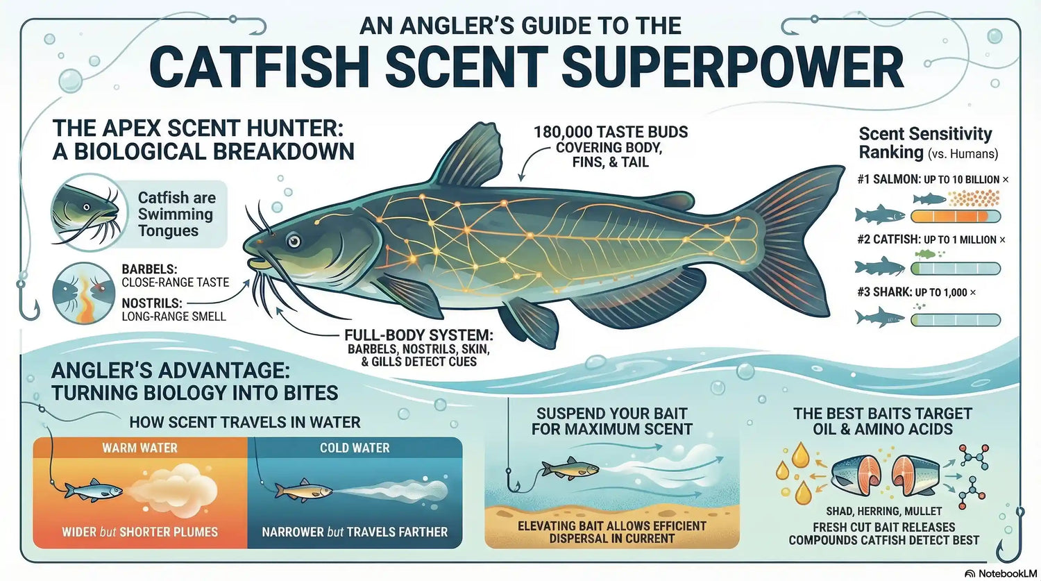 Macro illustration of a catfish showing its various chemoreceptors for smelling underwater