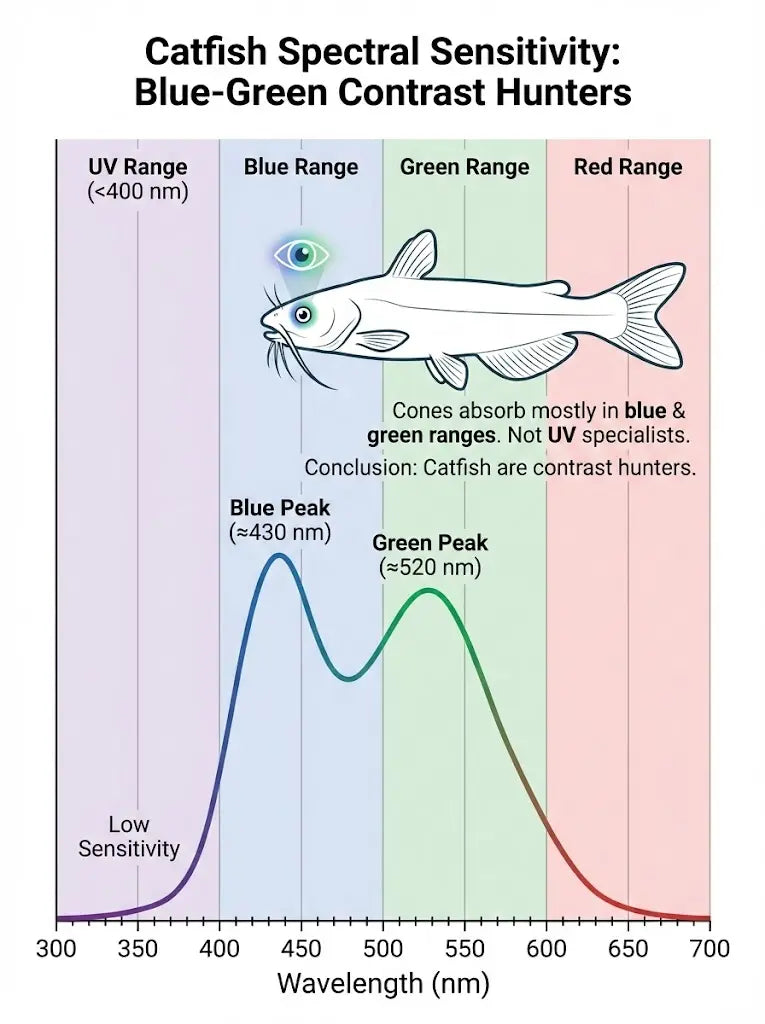 Diagram showing catfish spectral sensitivities to light, illustrating how UV is not picked up.