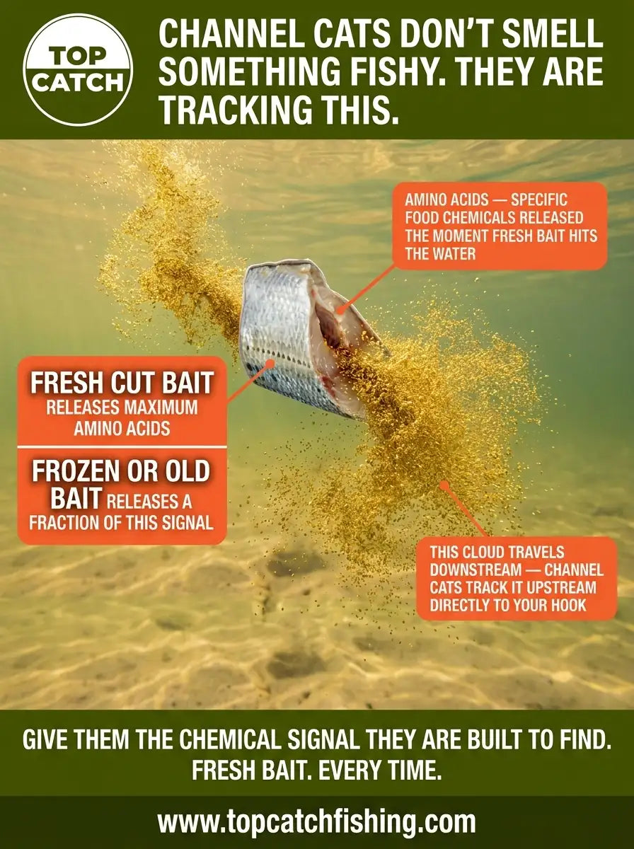 Channel catfish amino acid scent detection showing how suspended bait releases food chemicals that bottom bait buried in mud cannot.