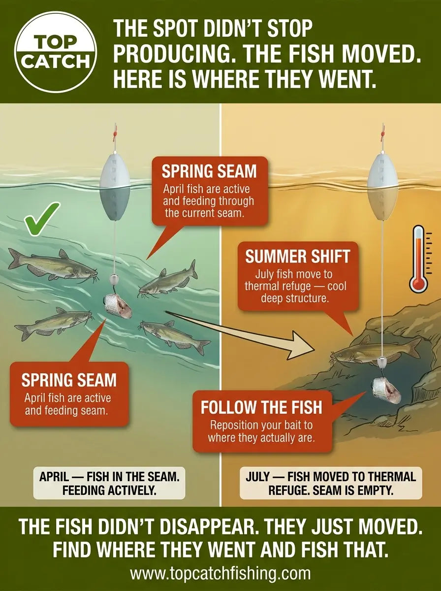 Channel catfish seasonal movement showing April seam feeding versus July thermal refuge relocation and how to adjust bait position.