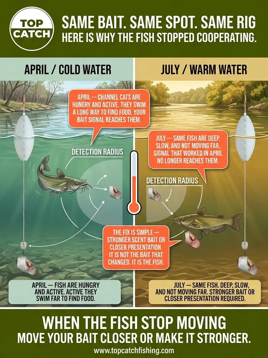 Channel catfish April versus July behavior showing temperature effect on feeding activity and how to adjust bait and presentation.