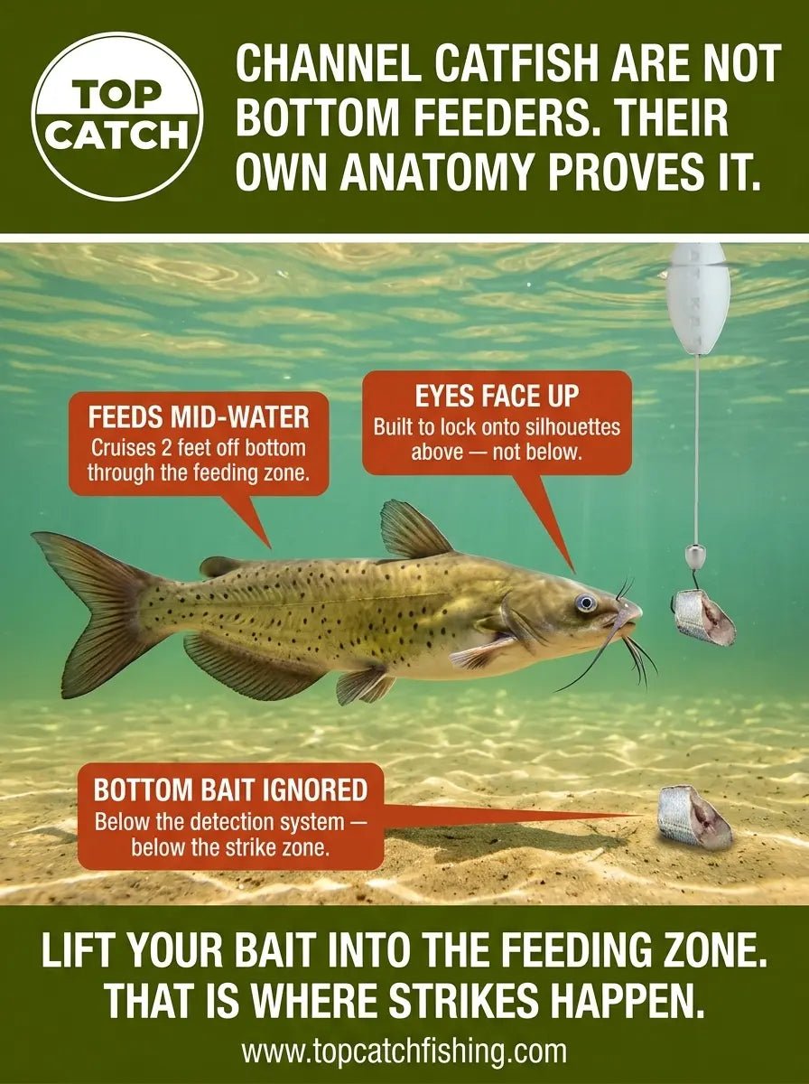 Channel catfish bottom feeder myth showing mid-water feeding zone anatomy and why suspended bait outperforms bottom presentation.