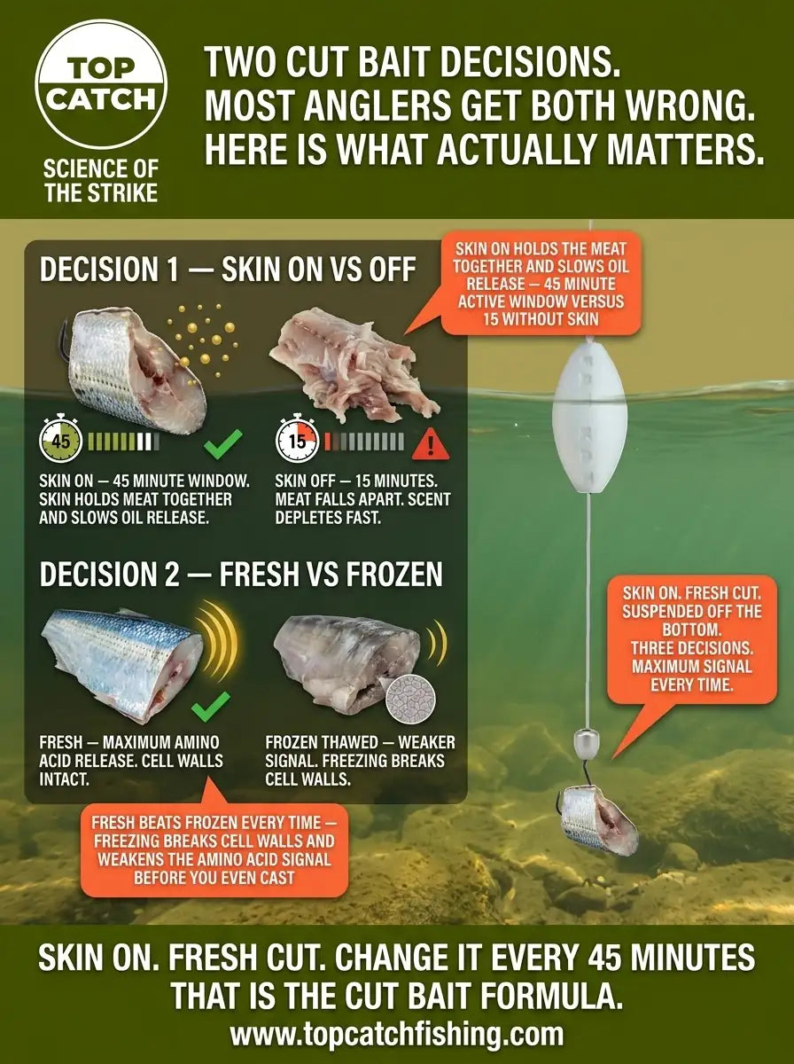 Channel catfish cut bait comparison showing skin on versus boneless and fresh versus frozen shad for maximum scent output window.