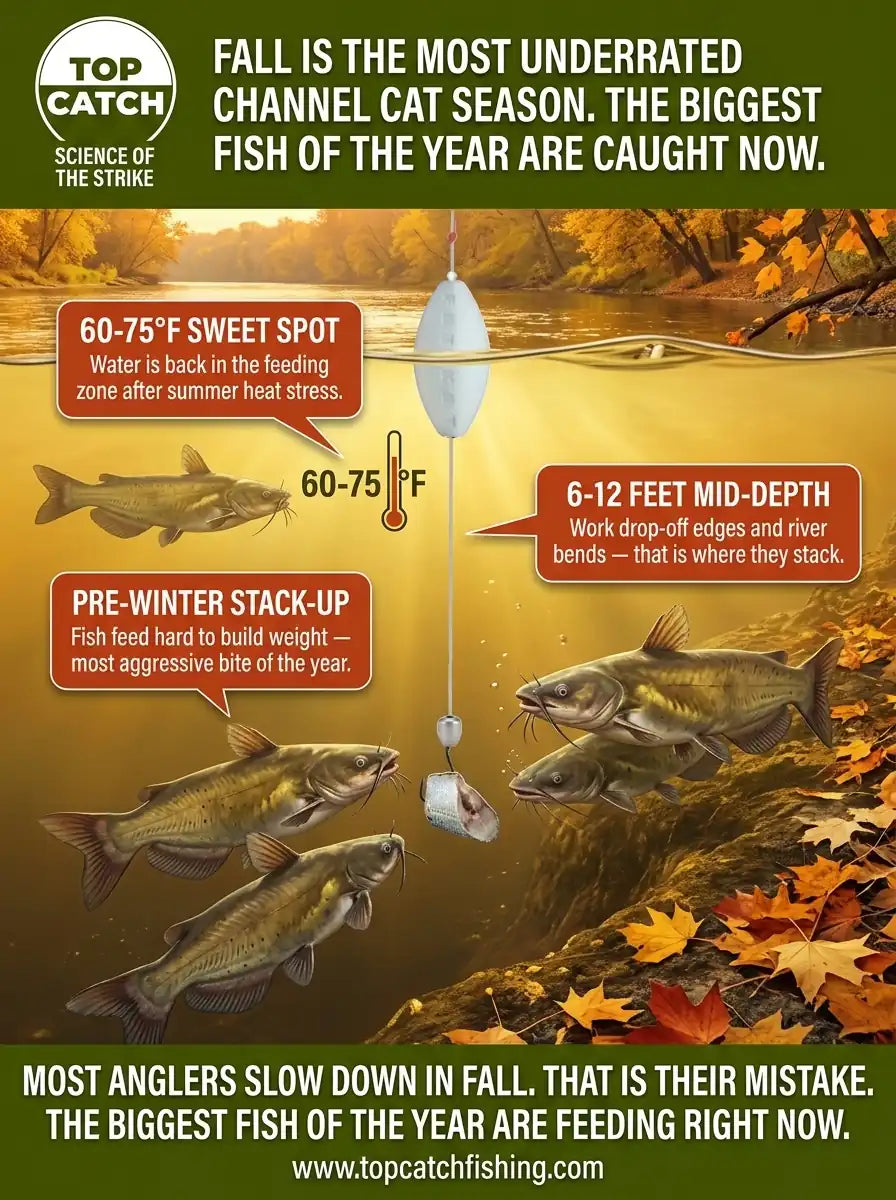 Channel catfish fall pre-winter feeding stack-up showing aggressive mid-depth drop-off feeding in 60 to 75 degree water temperature.