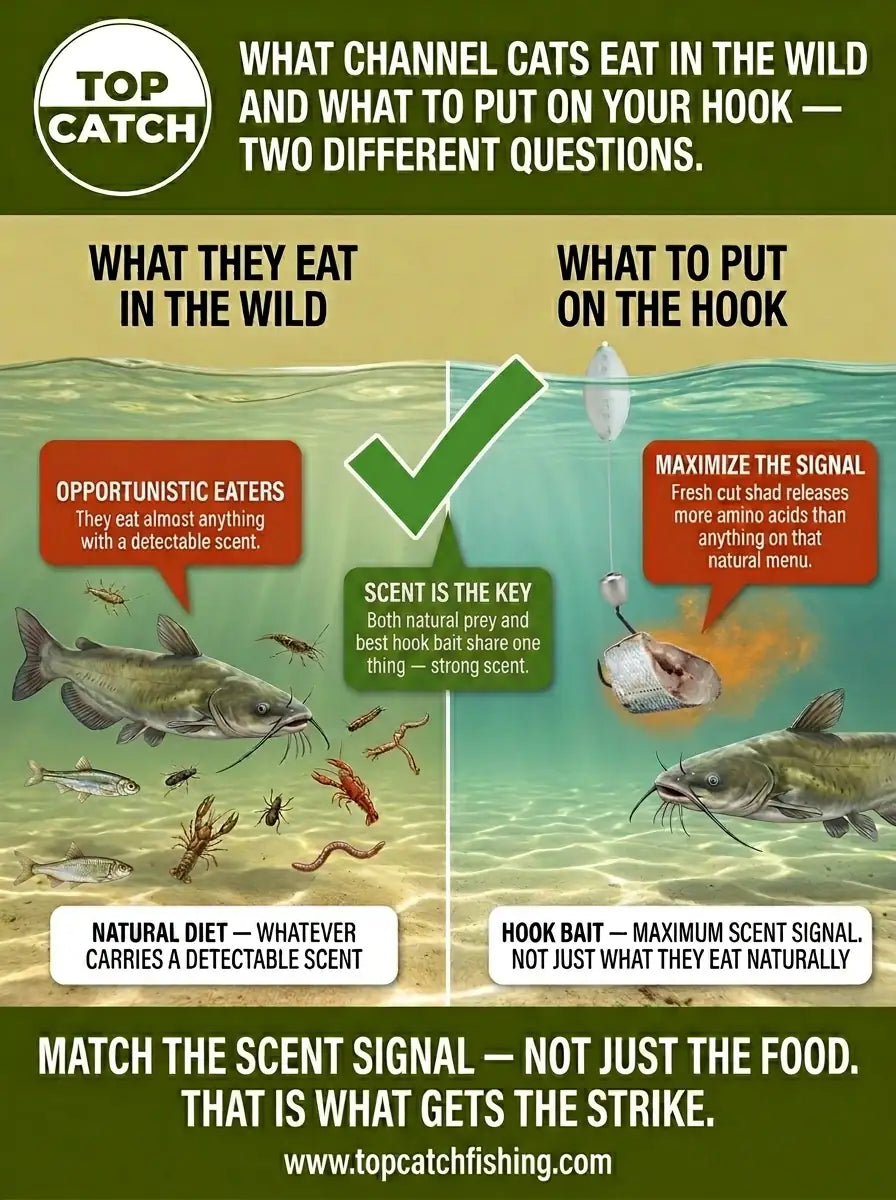 Channel catfish natural diet versus hook bait showing scent signal connection between wild prey and optimal fishing presentation.