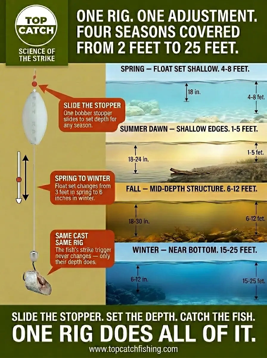 FATKAT drift rig seasonal adjustment guide showing float depth settings for spring summer fall and winter channel catfish fishing.
