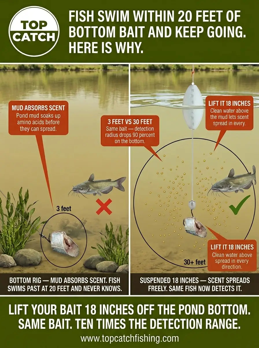 Pond channel catfish bottom rig failure showing mud absorbing scent versus suspended bait with full detection range in still water.