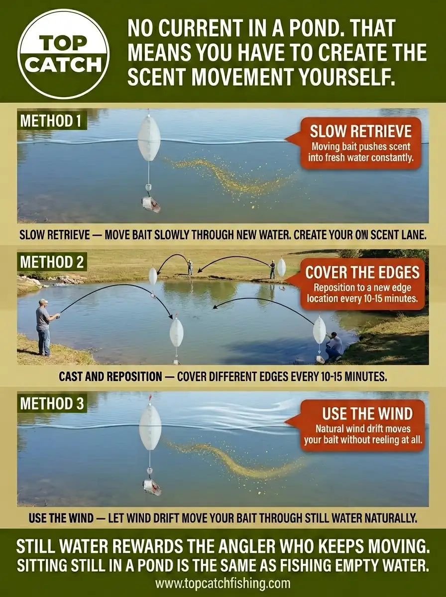 Pond channel catfish scent movement guide showing three methods to create scent lanes in still water without current assistance.