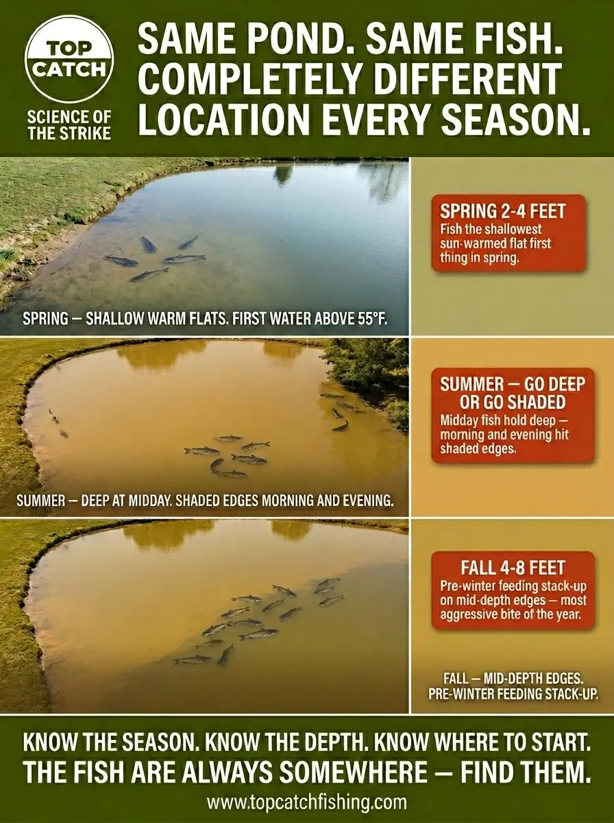 Channel catfish pond seasonal location showing spring shallow flats summer deep refuge and fall mid-depth edge stack-up by season.