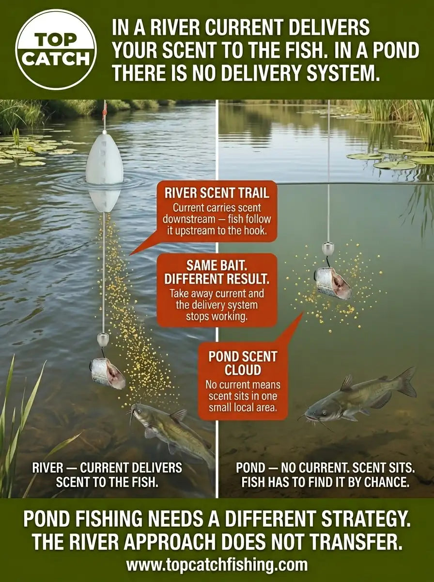 Channel catfish pond fishing showing why river scent delivery fails in still water with no current to carry scent to the fish.