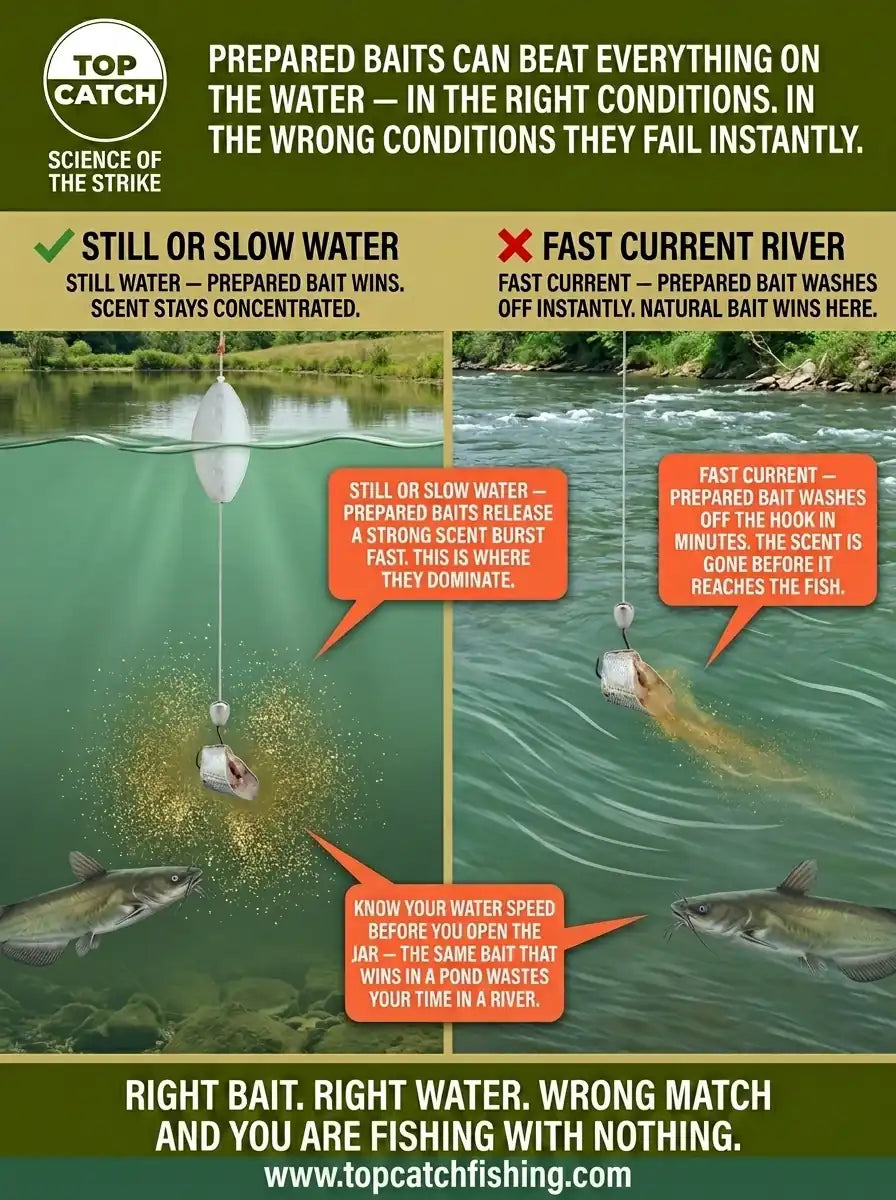 Channel catfish prepared bait comparison showing stink bait dominating still water but failing instantly in fast current conditions.