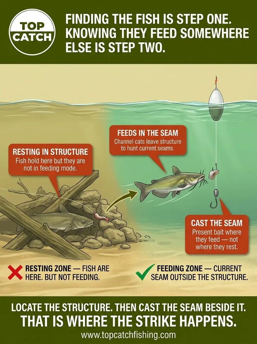 Channel catfish holding zone versus feeding zone showing why casting into structure misses fish actively feeding in current seams.