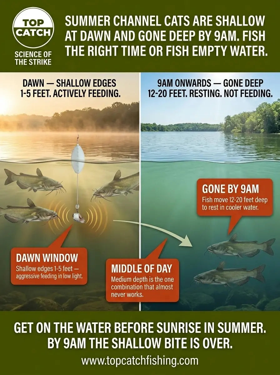 Summer channel catfish showing shallow dawn feeding versus deep resting by 9am and why fishing the wrong time produces nothing.