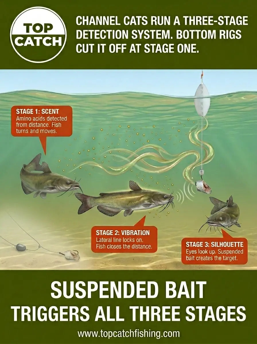 Channel catfish detection sequence showing scent vibration and silhouette stages and how bottom rigs cut off the strike sequence.