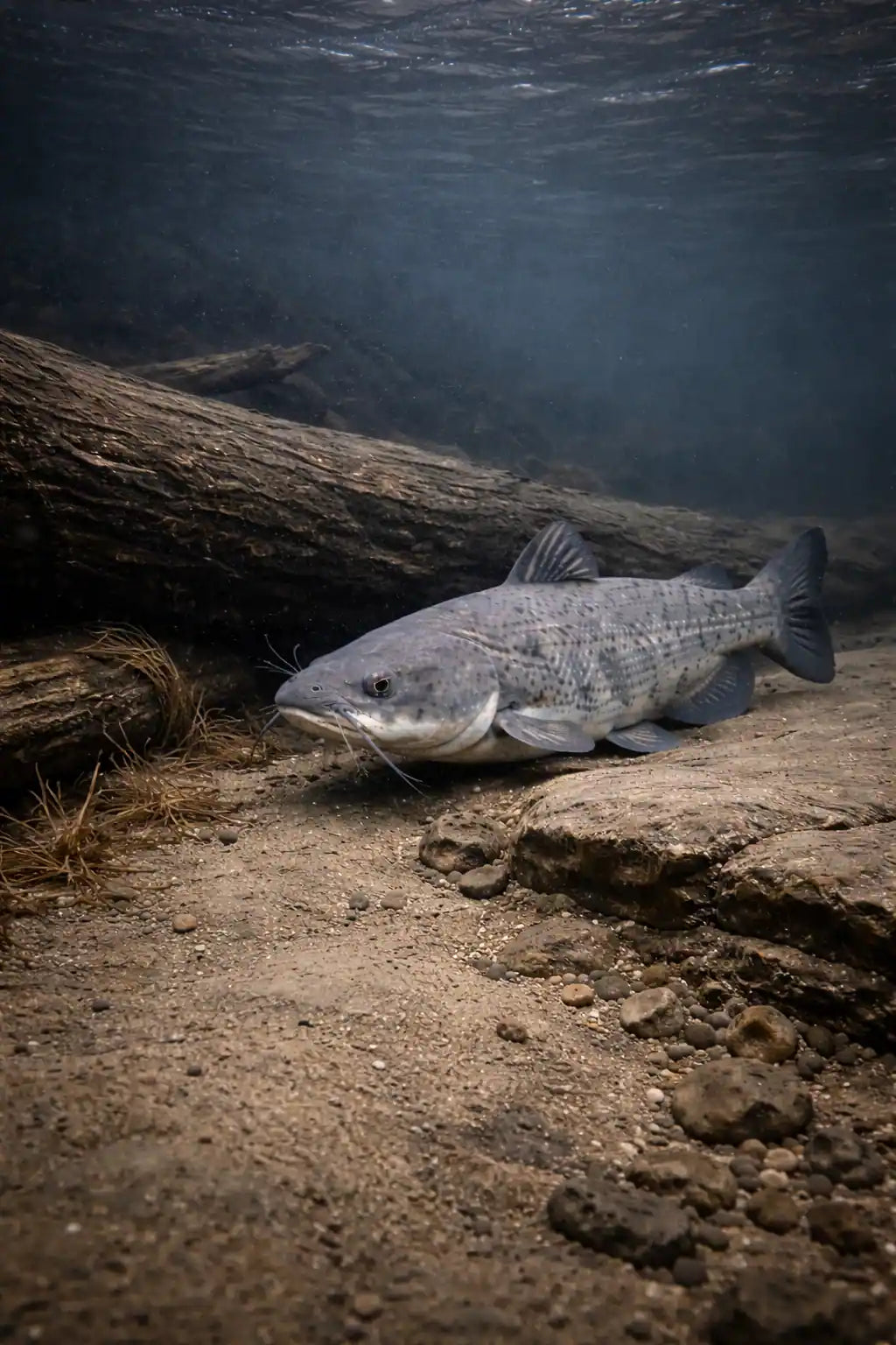 channel catfish sits near structure in a tidal influenced river bottom