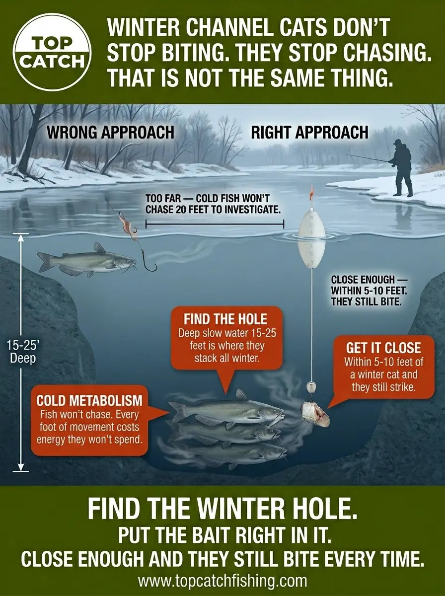Winter channel catfish showing stop chasing versus stop biting difference and why deep hole close presentation still catches fish.