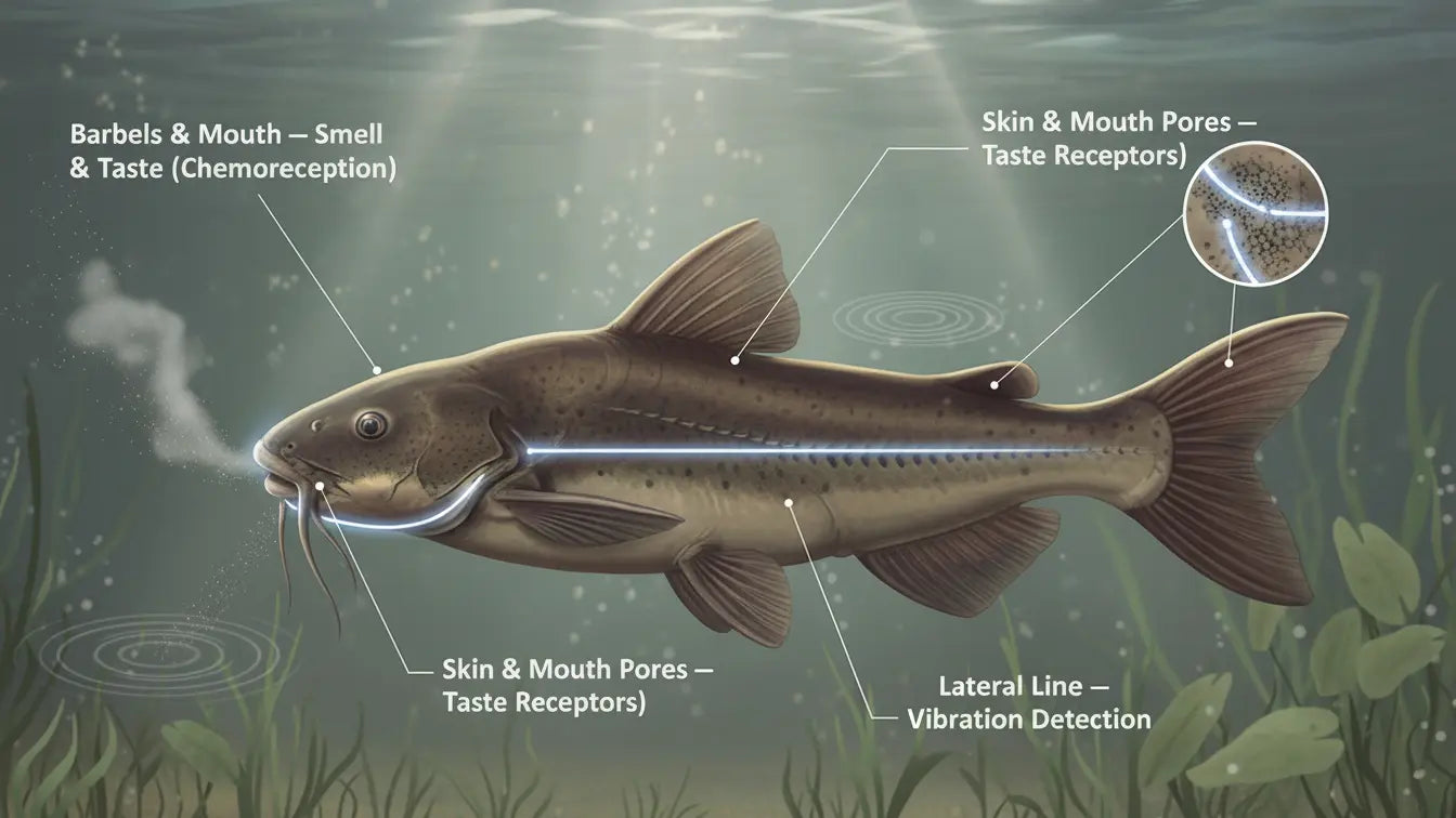 Scientific illustration showing how channel catfish detect prey using smell, taste, and lateral line vibration sensing