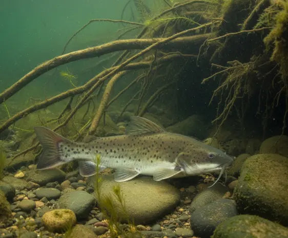 A channel catfish with forked tail and spotted sides in it's natural habitat