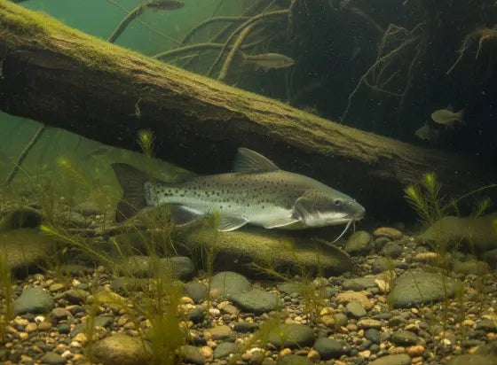 Channel catfish habitat in a river bend with moderate current and submerged logs
