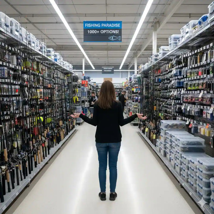 A gift buyer in a store trying to purchase a fishing gift for under $50.