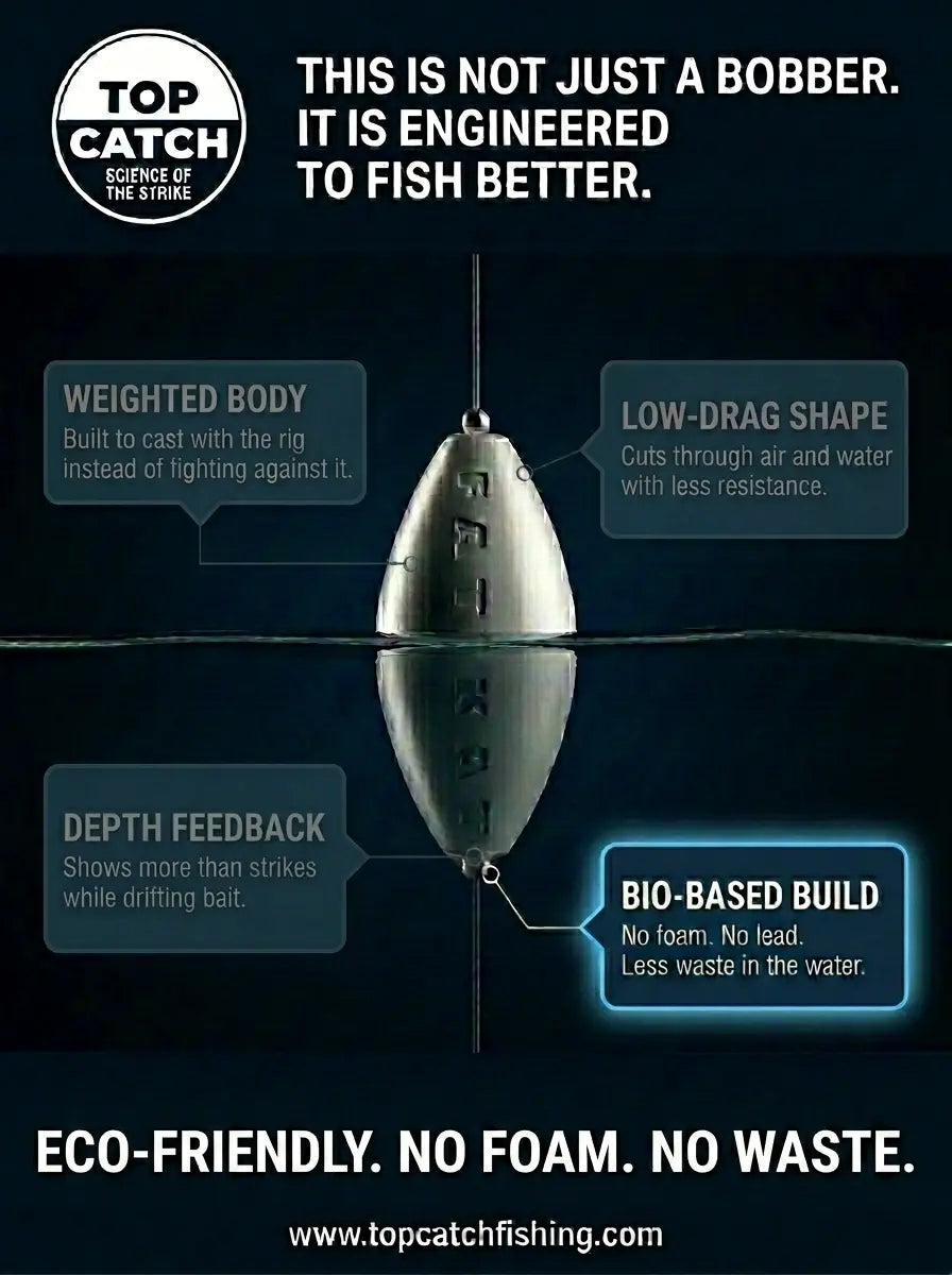 Eco-friendly catfish bobber with bio-based construction and no foam or lead materials.